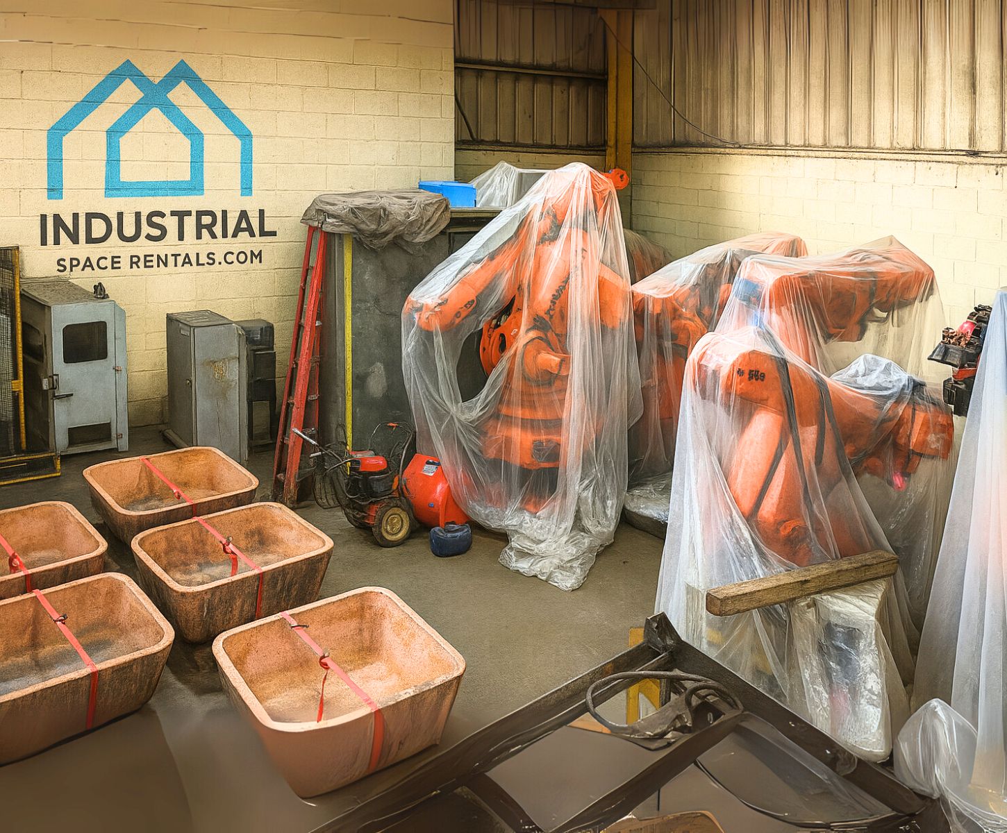 Covered industrial equipment in secure warehouse storage