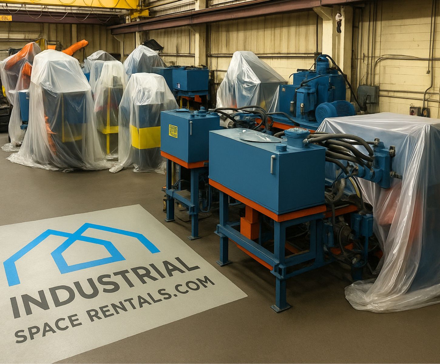 Covered production machinery in an industrial storage facility