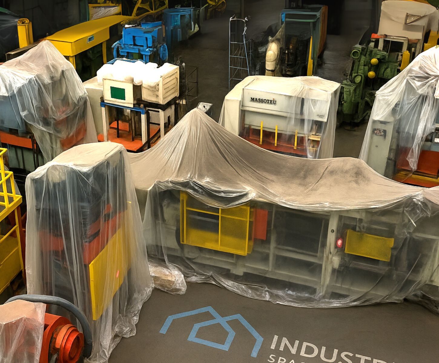 Large machinery stored under protective covers in a warehouse