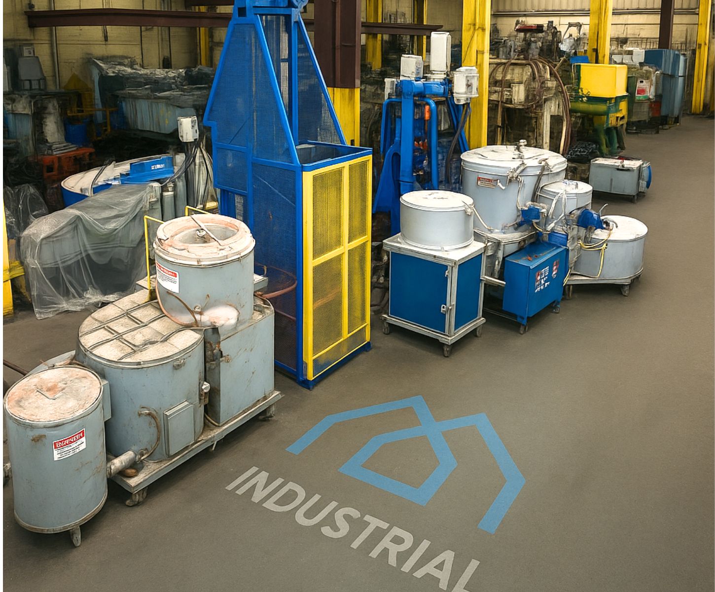 Stored industrial processing equipment inside a warehouse