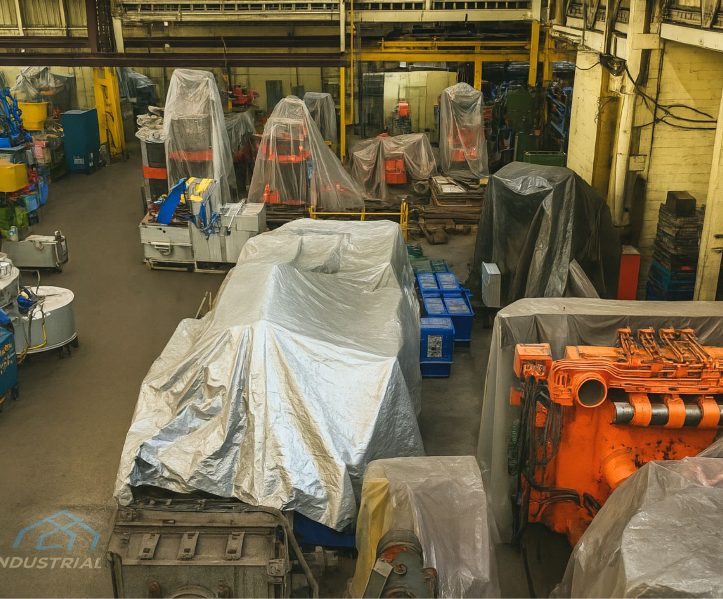 Large covered machinery in a secure industrial warehouse