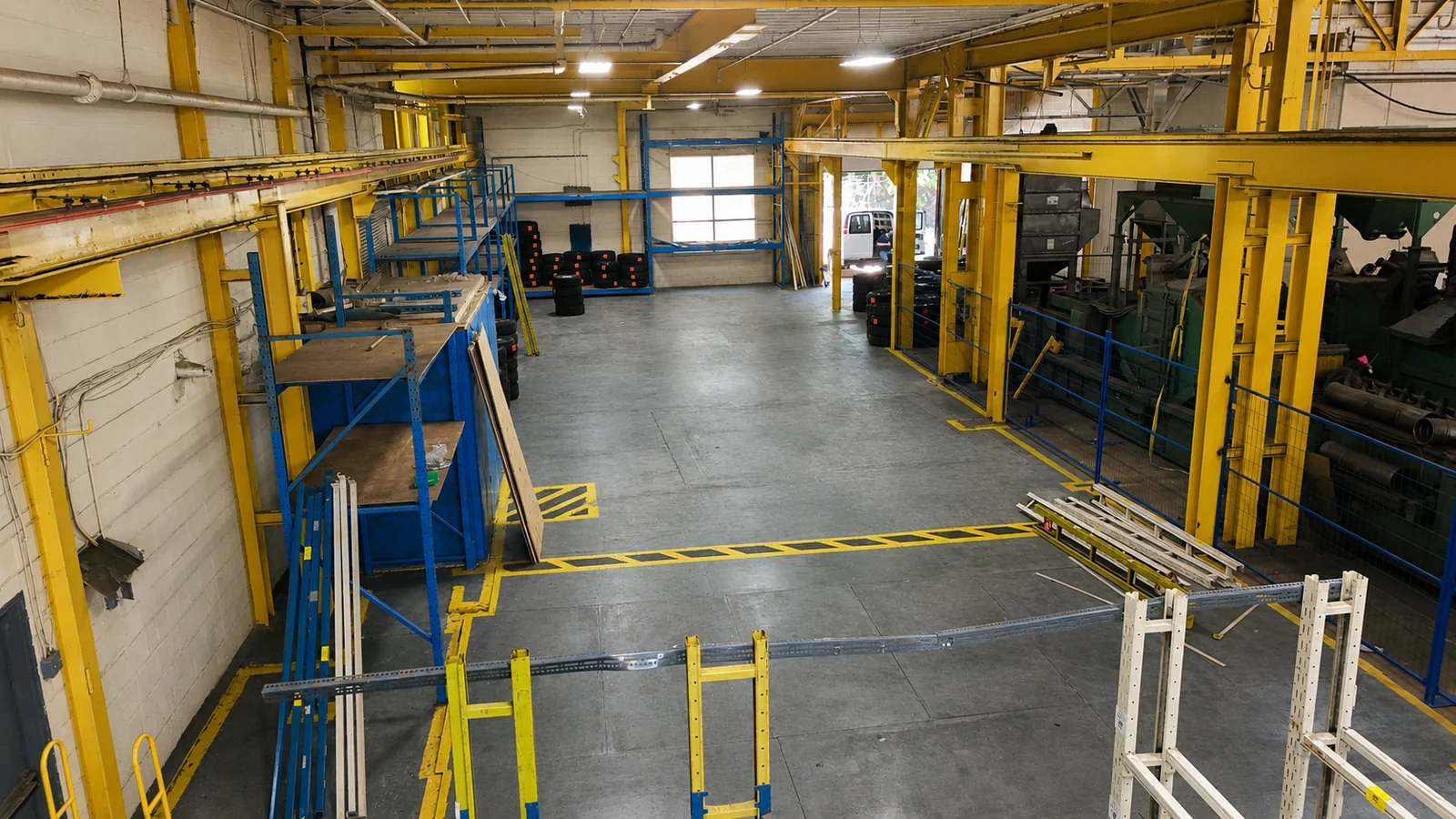 Actual Cambridge warehouse with blue racking and shared industrial floor space