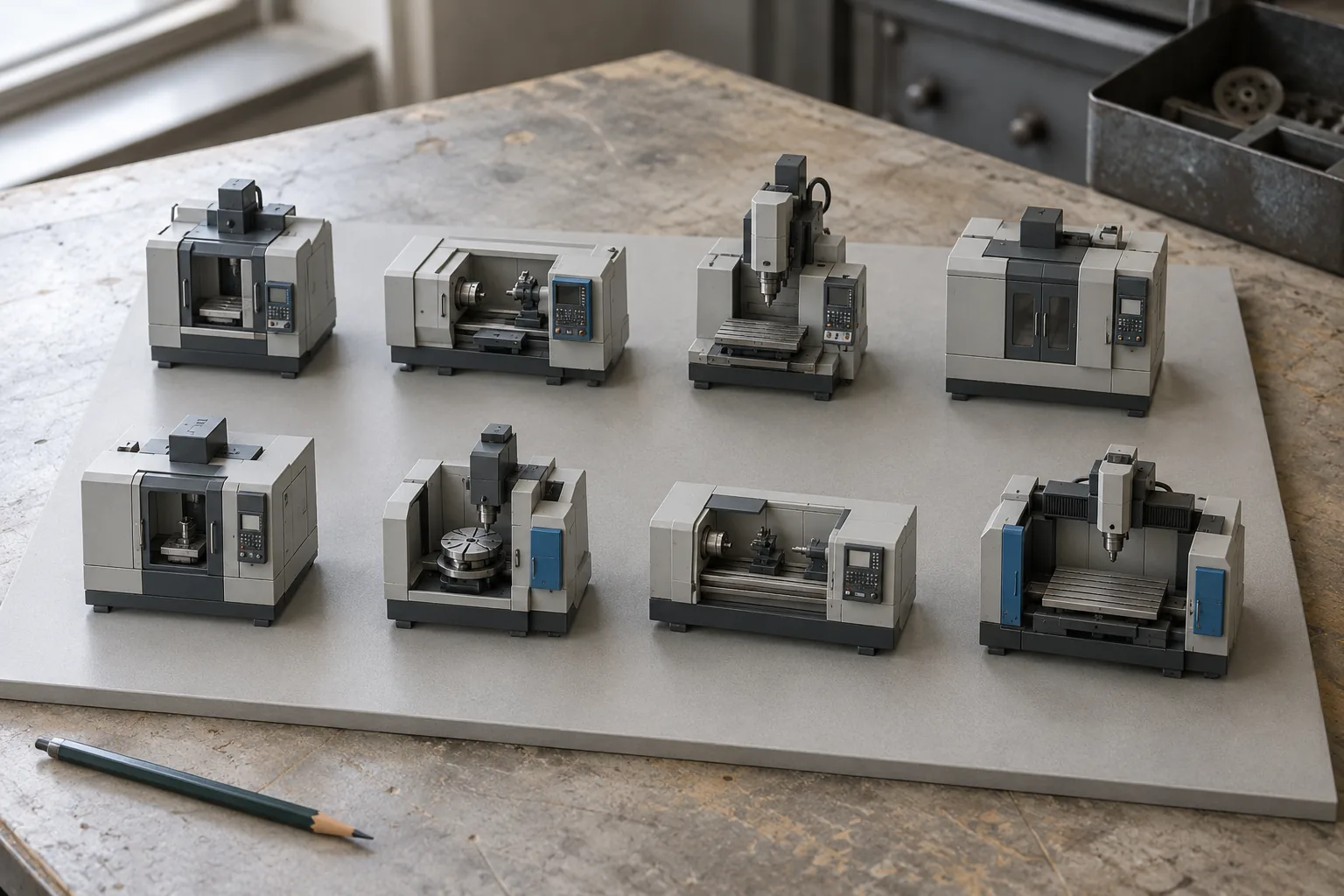 AI-generated photograph-style illustration of a tabletop model containing eight miniature machines