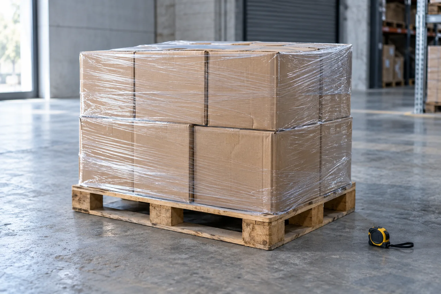 AI-generated illustration of a wrapped loaded pallet showing the goods, pallet base and overall height