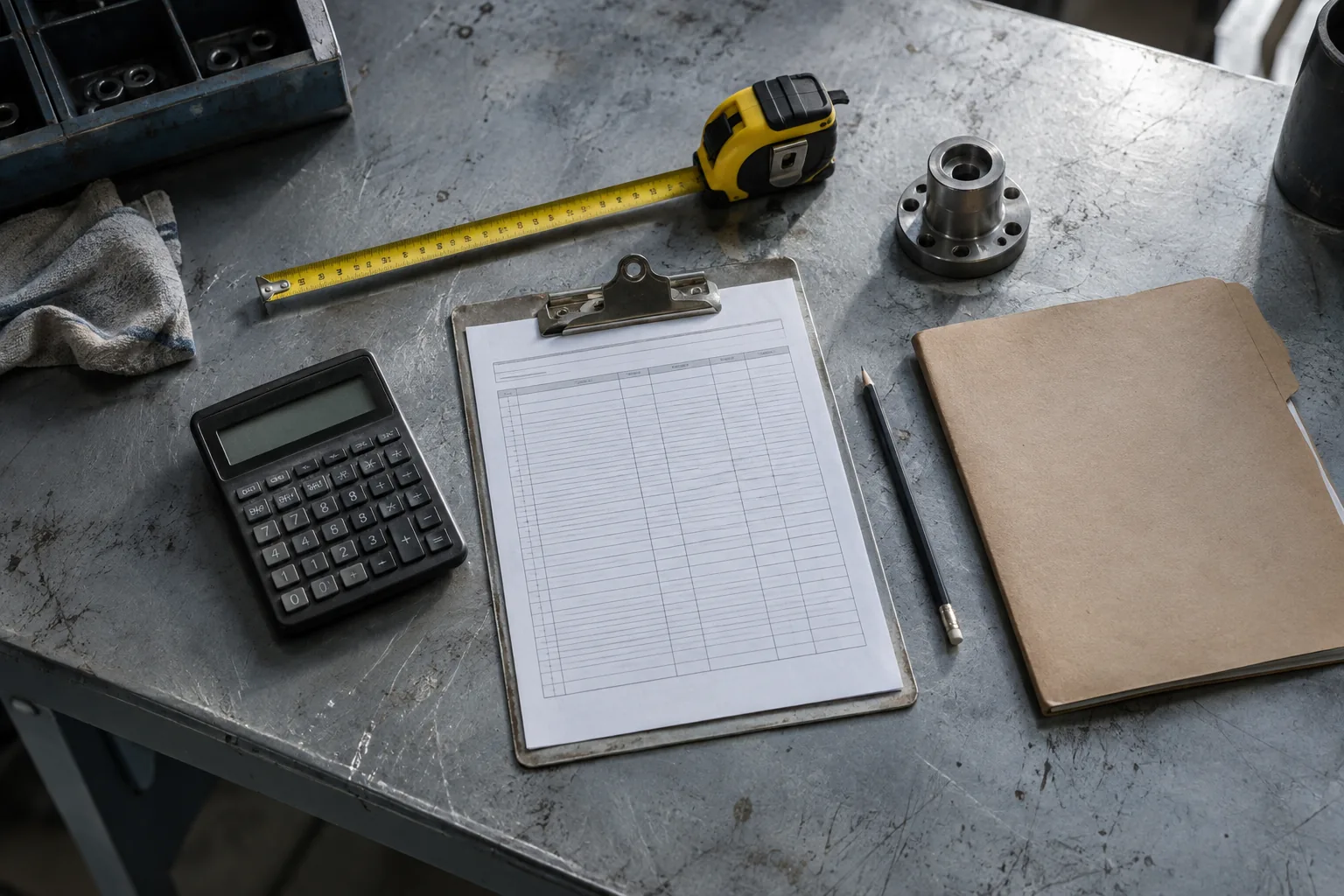 AI-generated quote-planning still life with measuring tools, inventory paperwork and a calculator