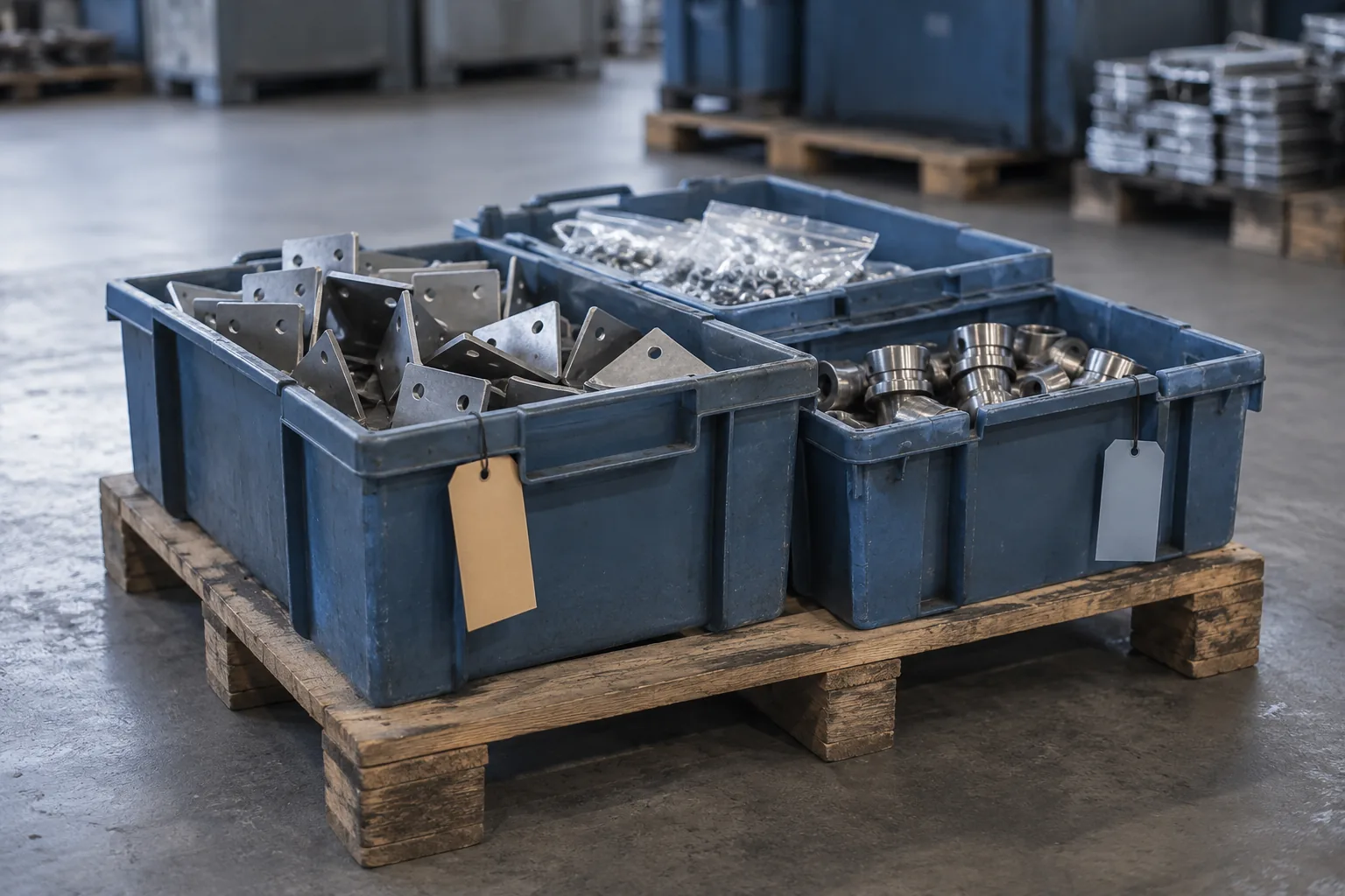 AI-generated illustration of organized reserve industrial parts in blue storage bins