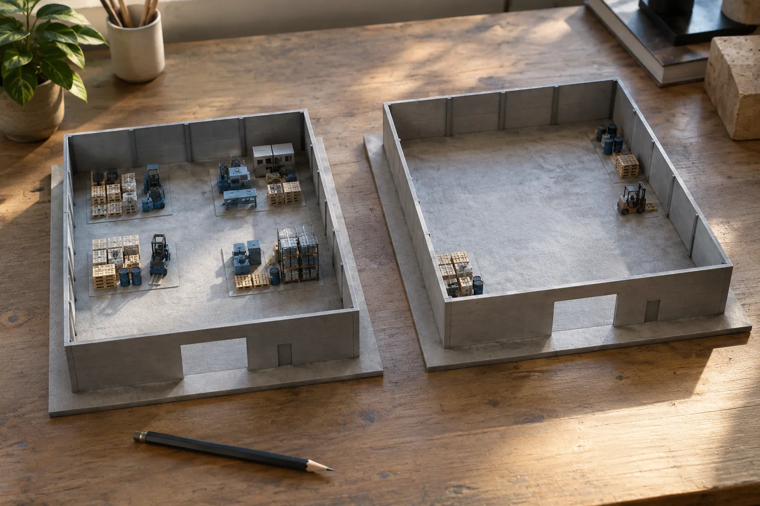 AI-generated photograph-style illustration comparing a shared storage building model with a dedicated warehouse model