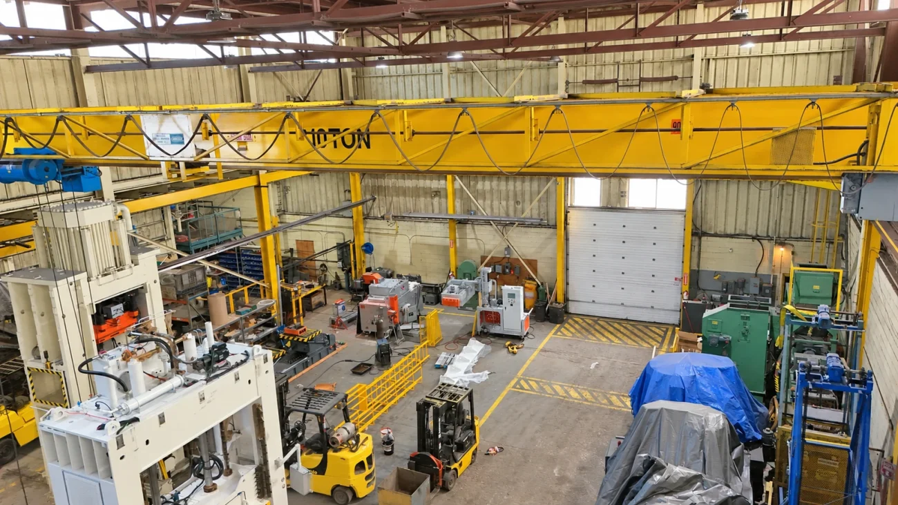Elevated view of industrial machines, floor markings and the warehouse receiving door.